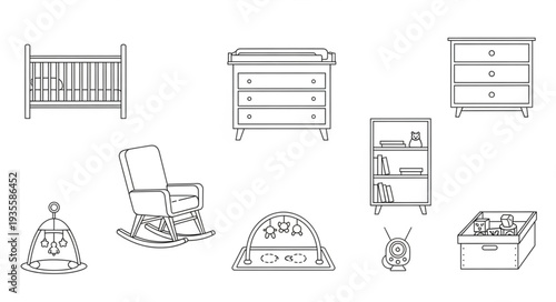 Collection of nursery furniture and accessories line art.