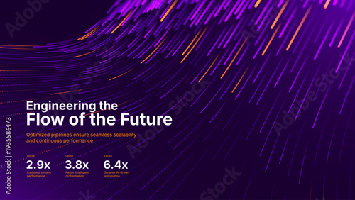 Purple And Orange Digital Trails Weave Through Void, Abstract Ultra-Fast Data Transfer. Optic Fiber Tech Art. 5G, AI and High-Speed Networking Vector BG.