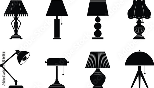 Collection of Eight Lamp Silhouettes Featuring Traditional, Decorative, Modern, Functional Designs, Desk Lamp, Tripod Floor Lamp Variety