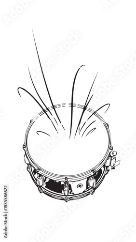Stylized top view of a snare drum with sticks in lineart.