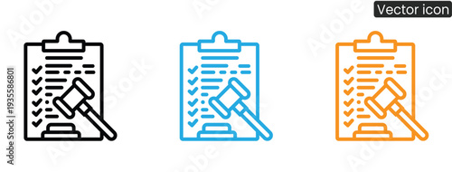 Three colorful clipboard icons with gavel and checklist