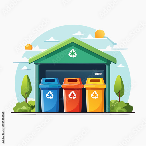 Eco-friendly waste sorting and collection point with color-coded recycling bins for a sustainable environment