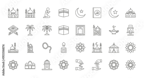 Collection of Simple Line Icons Representing Islamic Culture and Symbols.