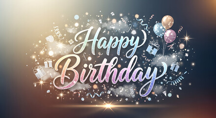 Happy birthday celebration with balloons and confetti on dark background with light effects transparent background