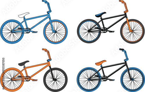 Collection of colorful BMX stunt bike vector illustrations with orange and blue accents isolated on white background for sports design graphics