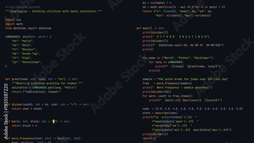 Modern Developer Programmer Screen with Python Programming Language Code with Color Syntax Highlighting. Vector Illustration.