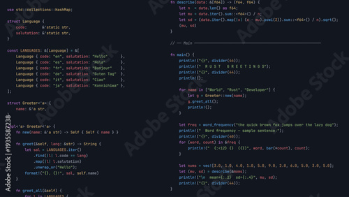Modern Developer Programmer Screen with Computer Programming Language Code with Color Syntax Highlighting. Vector Illustration.
