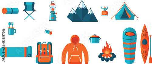Set of camping and hiking equipment icons featuring tent, backpack, mountains, campfire, sleeping bag, and kayak, flat vector outdoor illustrations.