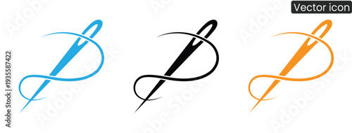 Set of modern vector icons featuring sewing needles in blue, black, and orange, perfect for fashion, textile, and design projects