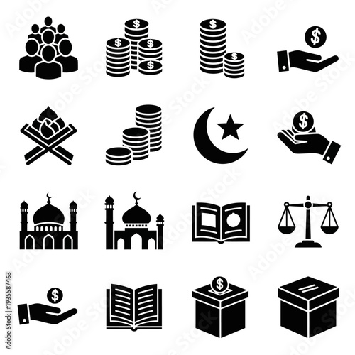 A collection of black and white icons representing Islamic finance, charity, community, and religious symbols.