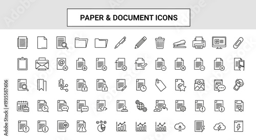 Collection of black and white paper document icons in simple line style.