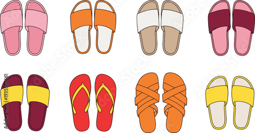 Set of colorful summer footwear icons including flip flops, slides, and sandals in pink, orange, red, and yellow, vector illustration.