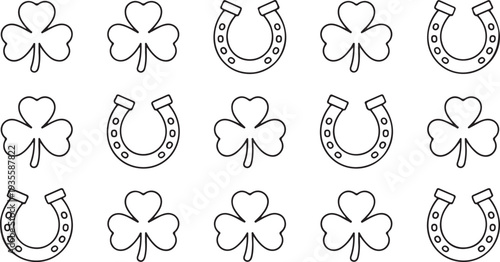 St Patricks Day icons with horseshoes and clover leaves on white background