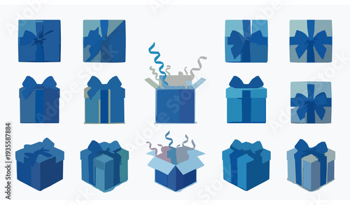 3D Render Gift Box Collection with Blue Ribbon Bows Open and Closed Festive Presents Isolated on White