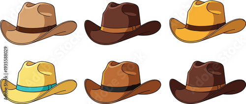 Set of classic cowboy hats in various brown and tan colors, western headwear icons for ranch life, rodeo, and country fashion.