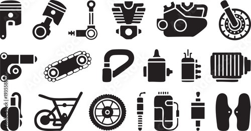 "A detailed collection of vector icons representing various motorbike parts and tools. Includes illustrations of helmets, engines, gears, spanners, wheels, and other motorcycle-related elements