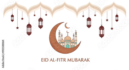 Eid Al-Fitr Mubarak Vector Illustration with Mosque and Lanterns