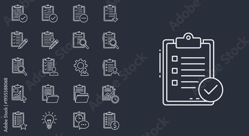 Collection of simple white icons on dark background representing various office and document related concepts.
