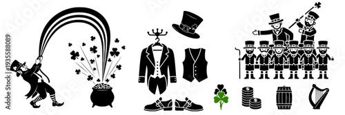 Saint Patrick’s Day themed illustrations with leprechaun and symbols: Leprechaun with a huge pot overflowing with gold, coin with a shamrock, belt, treasure chest