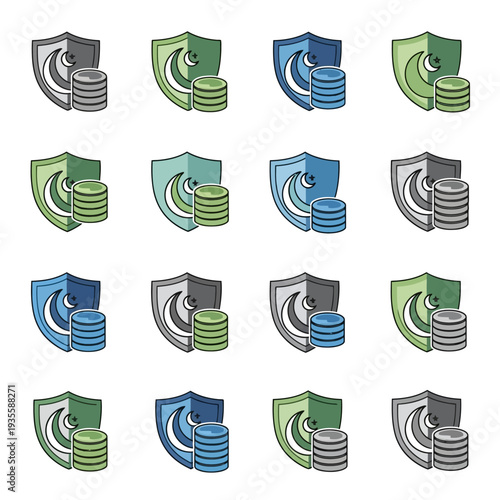 A grid of sixteen icons depicting data security and database protection with shields and disk stacks in various colors.