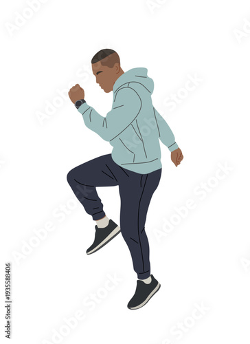 Detailed flat full-body vector illustration of a young Black man with buzz cut in teal hoodie and navy joggers performing an energetic jumping kick dance pose.