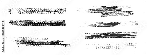 Black tire track marks isolated on white background. Racing tread pattern realistic vector illustration set. Car or motorcycle wheel skid traces texture