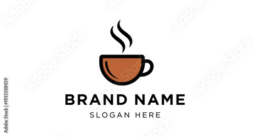 Coffee Cup Logo Design Template with Brand Name and Slogan Placeholder.