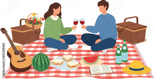 Romantic young couple enjoying a summer picnic on red checkered blanket with wine, guitar, sandwiches, watermelon, and baskets, vector illustration.