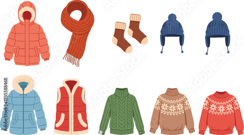 Set of winter clothes and warm seasonal apparel including puffer jackets, wool sweaters, knitted scarves, hats, socks, and puffer vest, vector.