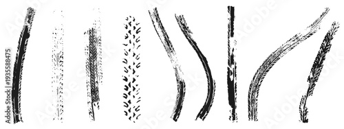 Black tire track marks isolated on white background. Curve racing tread pattern realistic vector illustration set. Car or motorcycle wheel skid traces texture
