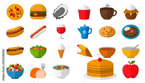 A vibrant and diverse collection of food and drink icons showcasing various cuisines and beverages isolated on transparent background