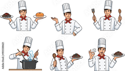 Set of professional male chef characters cooking pasta and soup, holding plates, utensils, and presenting food for restaurant menu design.