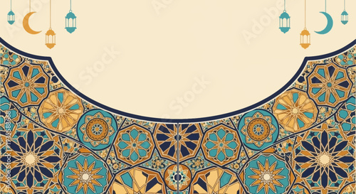 Elegant Islamic crescent moon lanterns hang above ornate floral patterns
