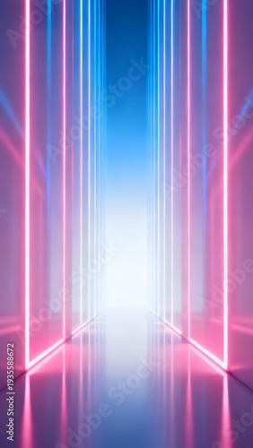 Neon-lit corridor with vertical pink and blue light beams creating a futuristic tunnel effect