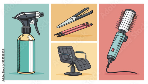 Vector pack of professional salon accessories including hair spray bottle styling tools and chair