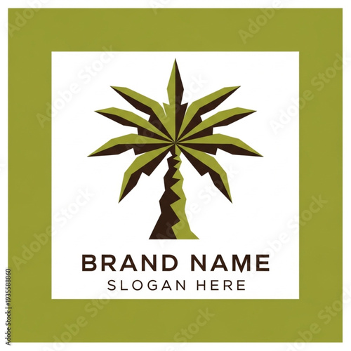 Green palm tree logo template with brand name and slogan placeholder.