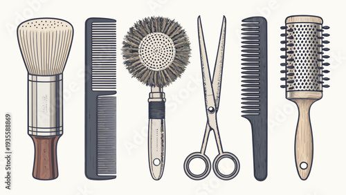 Professional hairdressing tools vector illustration set including brushes combs scissors salon equipment