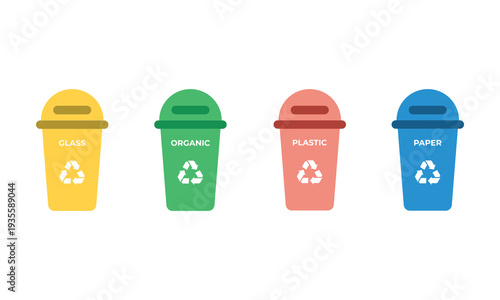 Colorful recycling bins for waste separation showing glass, organic, plastic, and paper categories, representing recycle, waste, bins, sorting, and environment for sustainability and eco-friendly conc
