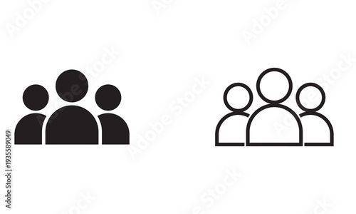 Employee team icon. Three simple outline illustrations showing groups of people in different line weights, representing teamwork, community, and corporate structure concepts.