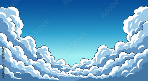 Beautiful vector illustration of fluffy white clouds against a clear blue sky, perfect for a serene and uplifting background design