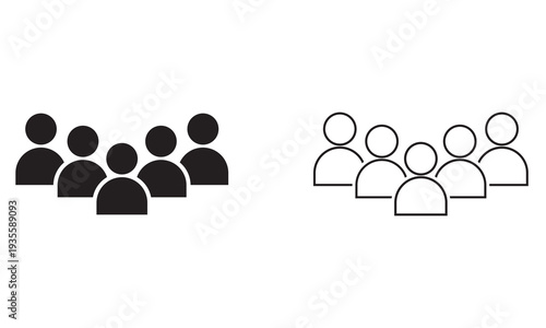 Employee team icon. Three simple outline illustrations showing groups of people in different line weights, representing teamwork, community, and corporate structure concepts.