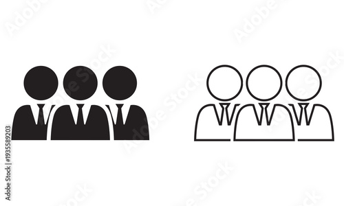 Employee team icon. Three simple outline illustrations showing groups of people in different line weights, representing teamwork, community, and corporate structure concepts.