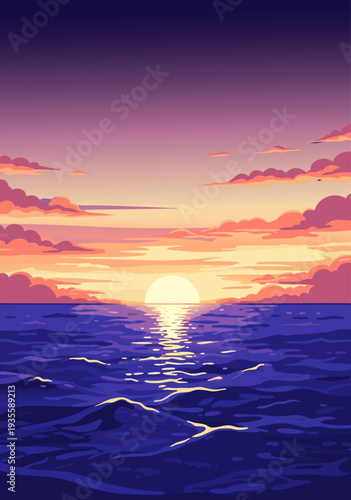 A beautiful vector illustration of a vibrant sunset over the ocean with glowing sun rays reflecting on the waves