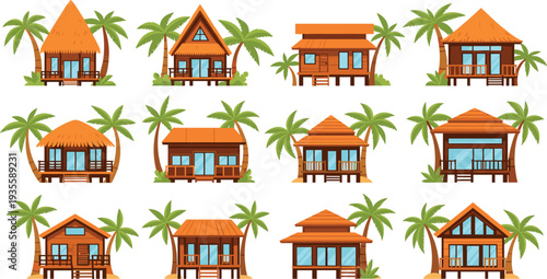 Tropical Beach Bungalow House Collection with Palm Trees Cartoon Vector Set of Island Resort Huts for Summer Vacation Travel
