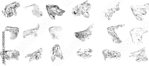 Vector particle flow formed by dynamic black textures. Organic particle shape with depth and movement. Noise texture with dynamic particle textures for design overlay.
