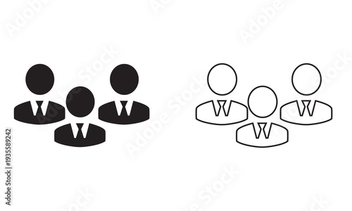 Employee team icon. Three simple outline illustrations showing groups of people in different line weights, representing teamwork, community, and corporate structure concepts.