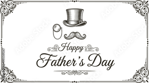 Vintage Father’s Day Greeting Card with Ornate Corners, Gentleman Theme, Top Hat, Monocle, Mustache, Classic Black and White Design
