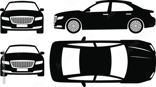 Luxury sedan car silhouette set showing front side and top views isolated black vehicle vector illustration for automotive design projects