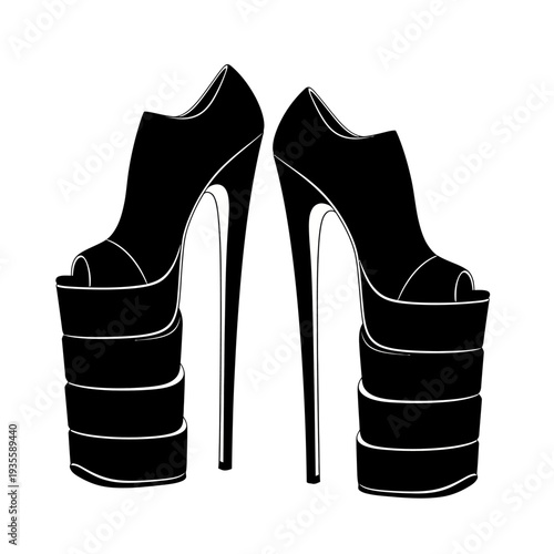 Elegant pair of black high heel platform shoes isolated on white background.
