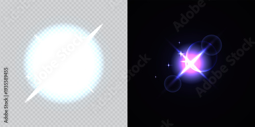 Colorful Star Light Effect Collection with Blue, Golden, and Yellow Glowing Starlight Sparkle Rays and Lens Flare Illumination on Transparent Background